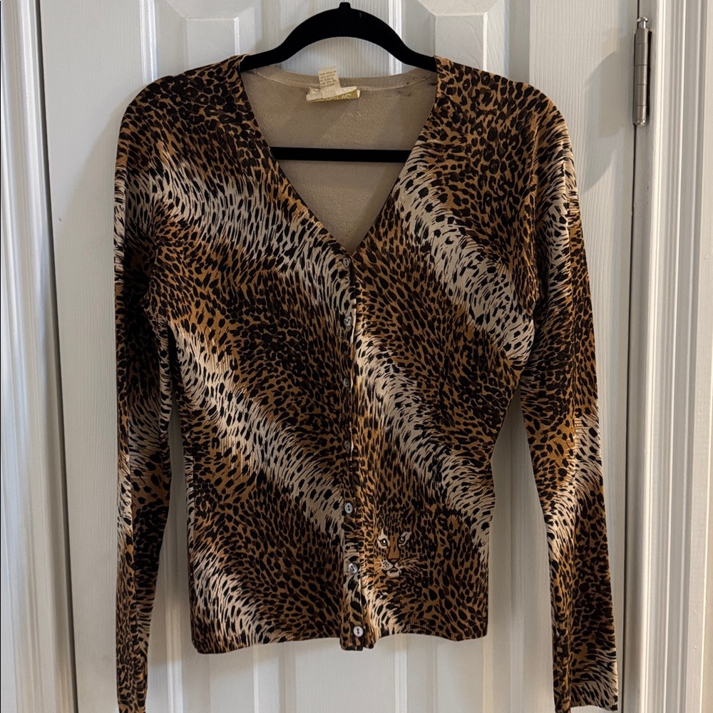 Caché Vintage Leopard Silk Blend Cardigan & Top w/ Leopard Face & Crystal Eyes - Picture 3 of 12